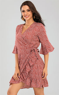 Angel Sleeve Frill Mini Dress Red Print