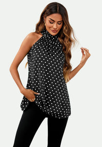 Polka Dot Print Halter Neck Tie Back Top In Black