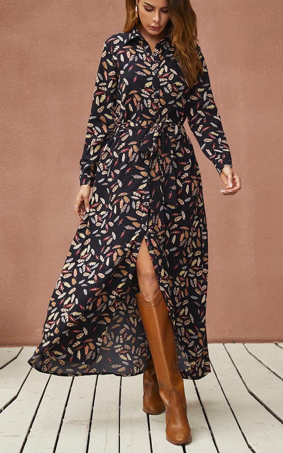 Leaf Print Black Shirt Dress With Tie Waist + Free Gold Stretch Leaf Belt