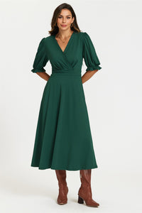 Half Sleeves Jersey Midi Dress with Wrap Neckline In Green