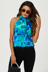 Abstract Floral Print Halter Neck Tie Back Top In Blue