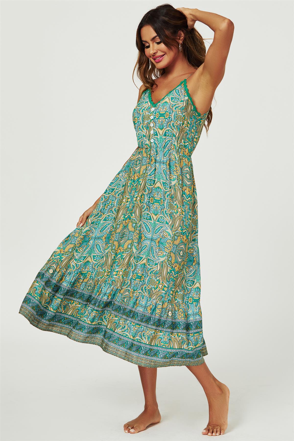 Lace Detail High Low Strappy Dress In Green