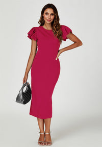 Volume Sleeve Bodycon Midi Dress In Fuchsia