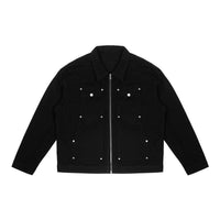 Men's Black Washed Denim Jacket with Zipper and Pocket Detailing - Retro Streetwear Style