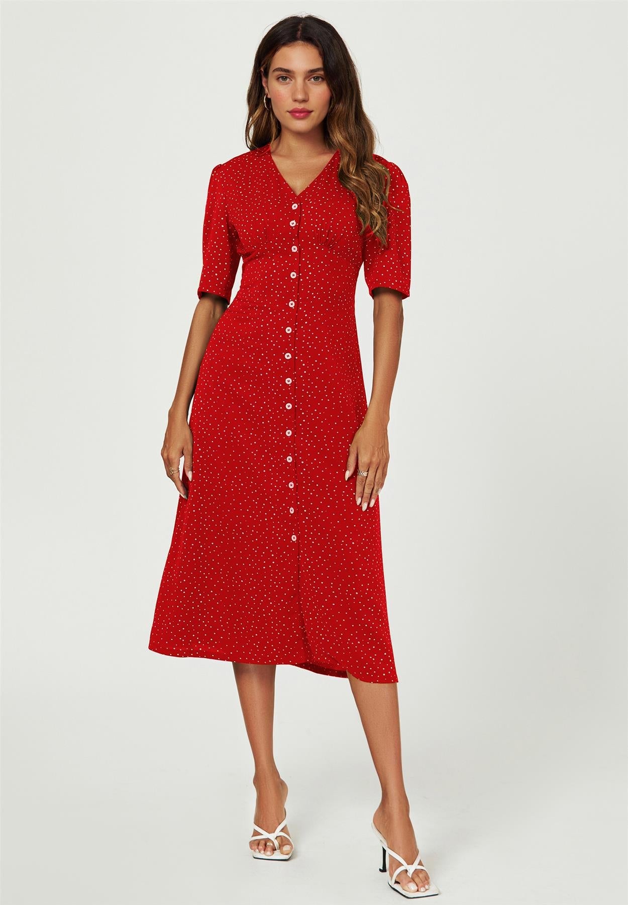 Dot Print Button Front Midi Dress In Red
