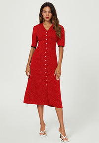 Dot Print Button Front Midi Dress In Red