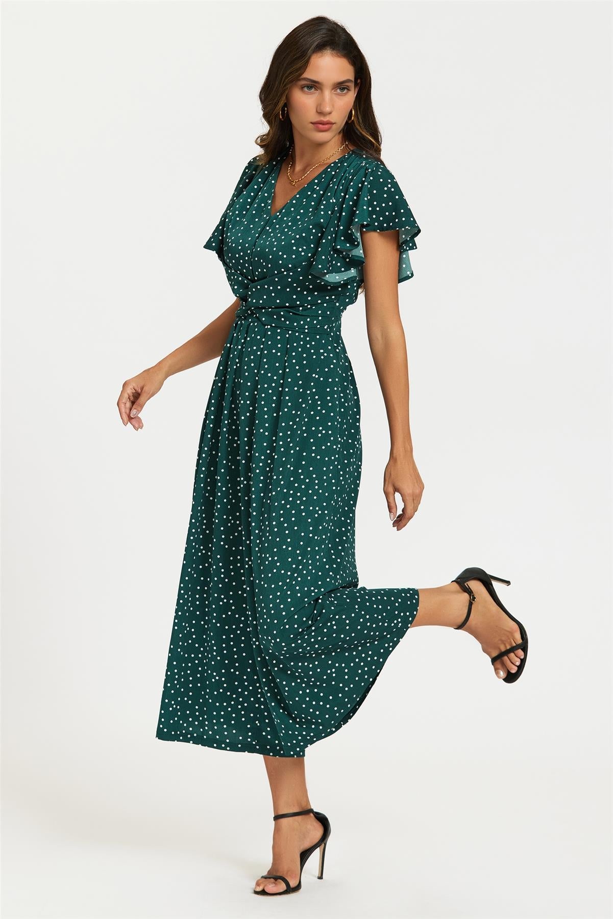 Polka Dot Angel Sleeve Twist Jumpsuit In Green