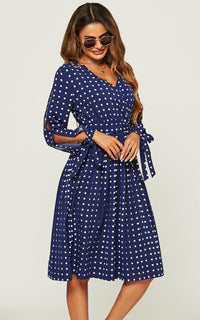 Cold Shoulder Tie Detail Long Sleeve Midi Pleated Dress In Navy Polka Dot
