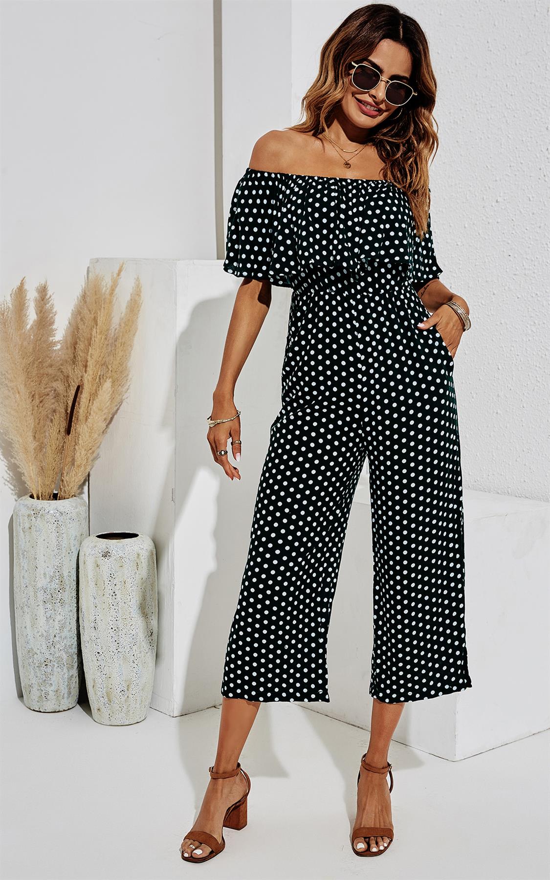 Off The Shoulder Frill Jumpsuit In Black & White Polka Dot