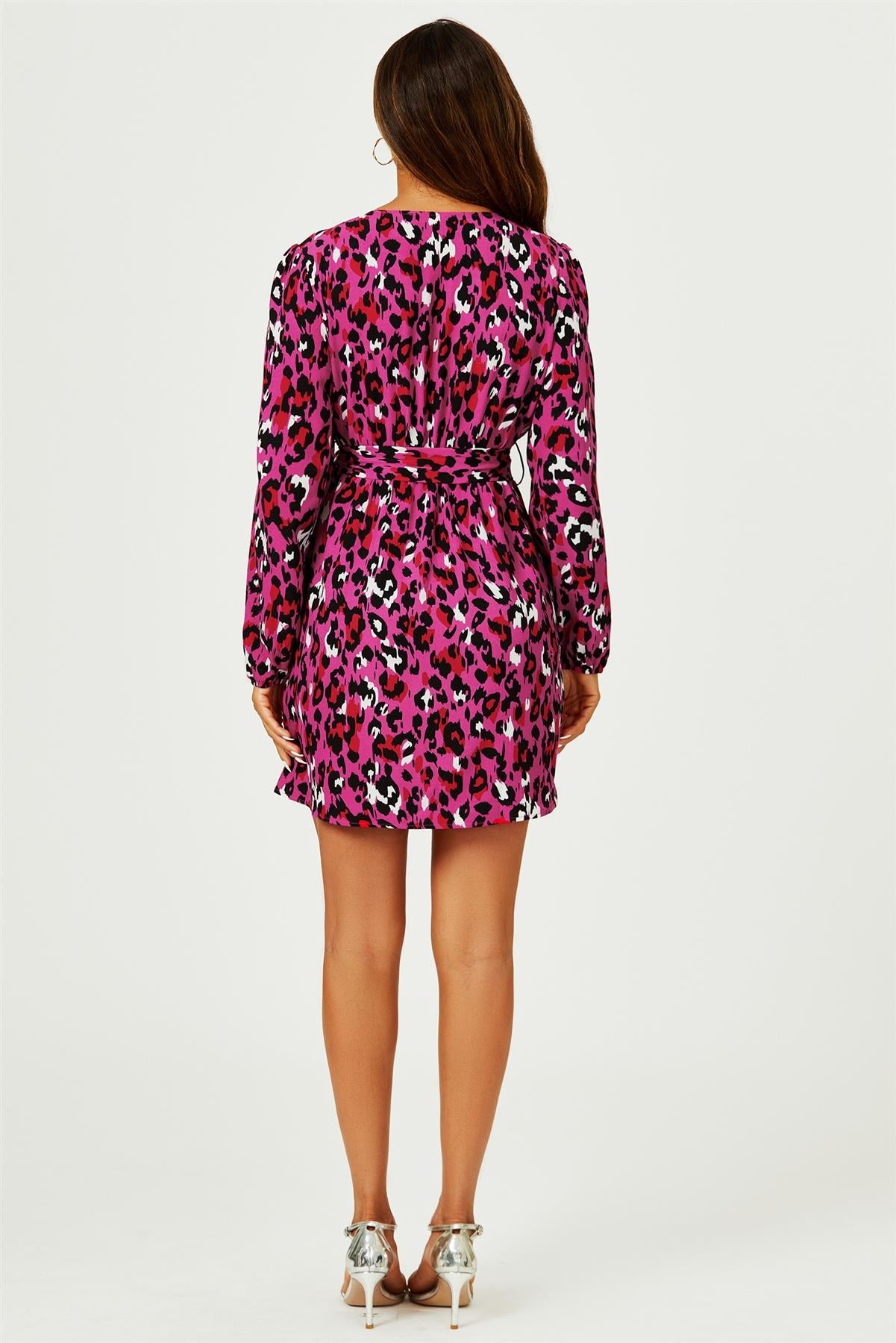 Leopard Print Wrap Top Mini Dress In Magenta