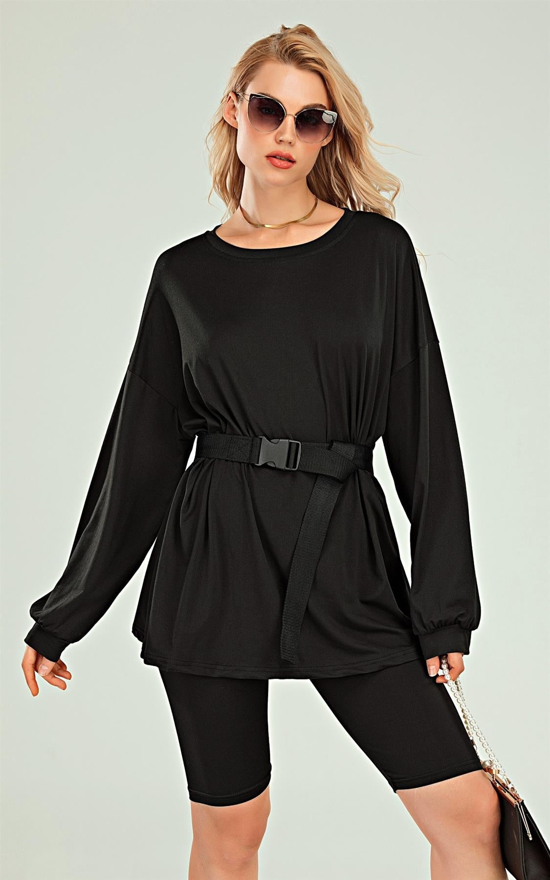 Oversized Top And Cycling Shorts Co Ord Set Loungewear In Black