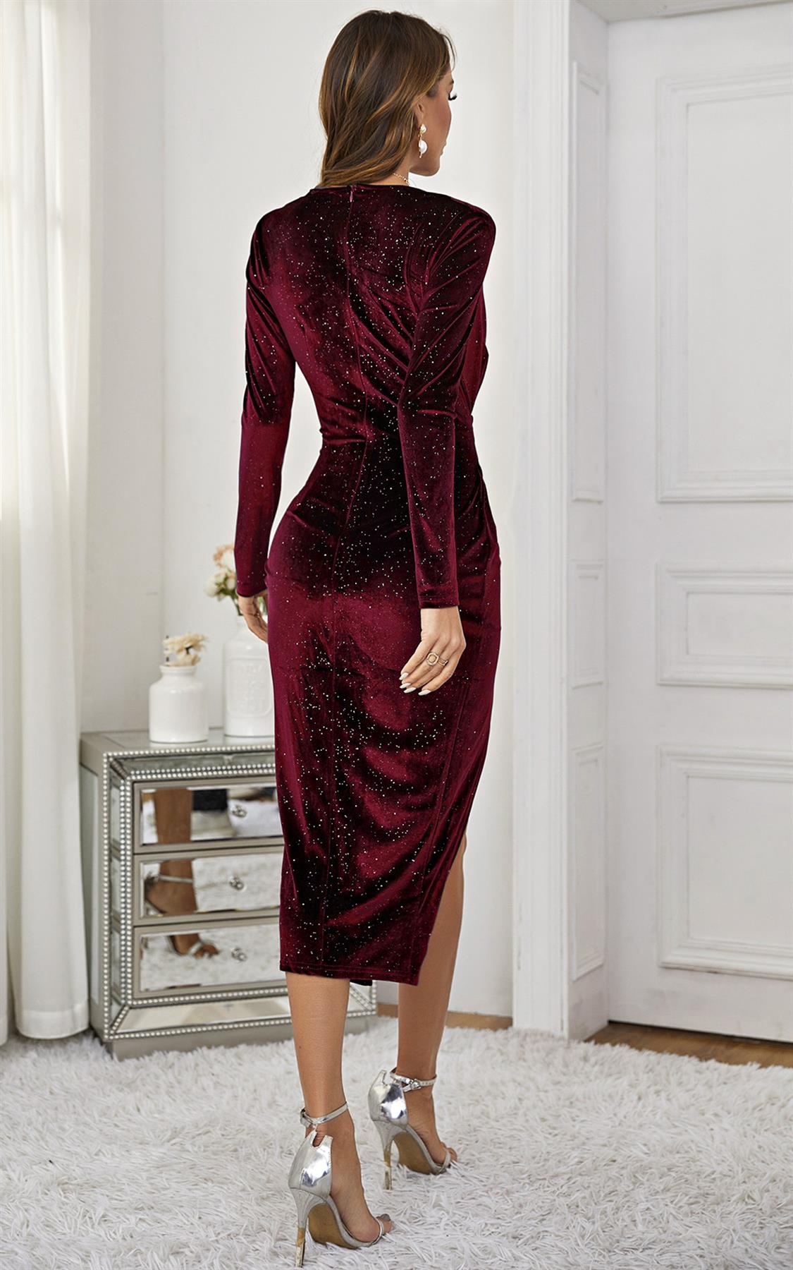 Star Night Sky Velvet Wrap Long Sleeve Midi Dress In Wine