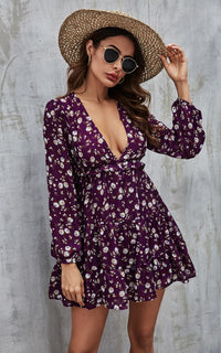 Long Sleeve Mini Dress In Purple Floral Print