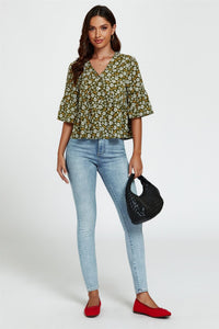 Floral Print Short Sleeves Crop Top In Olive