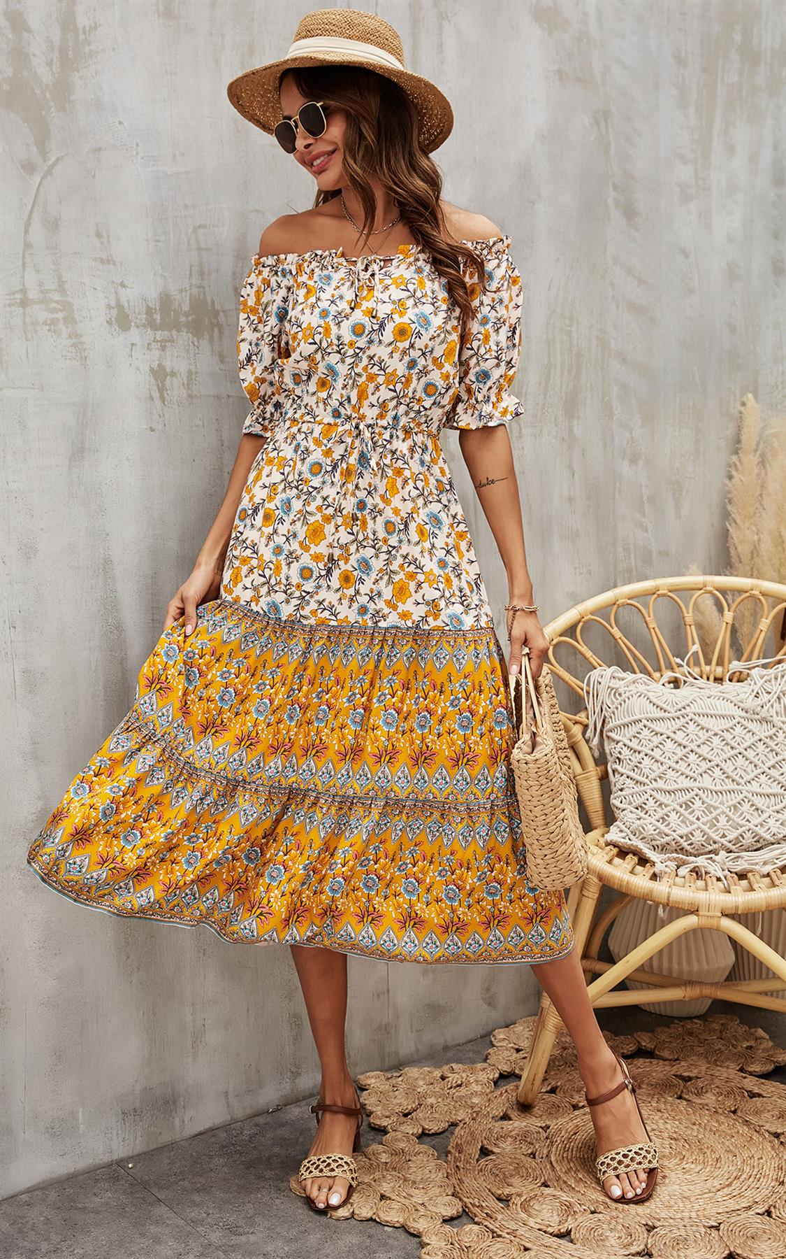 Boho Floral Print Bardot dress In Yellow
