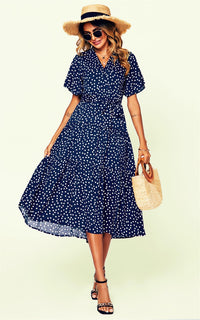 Polka Dot Hem Tiered Wrap Midi Dress In Navy