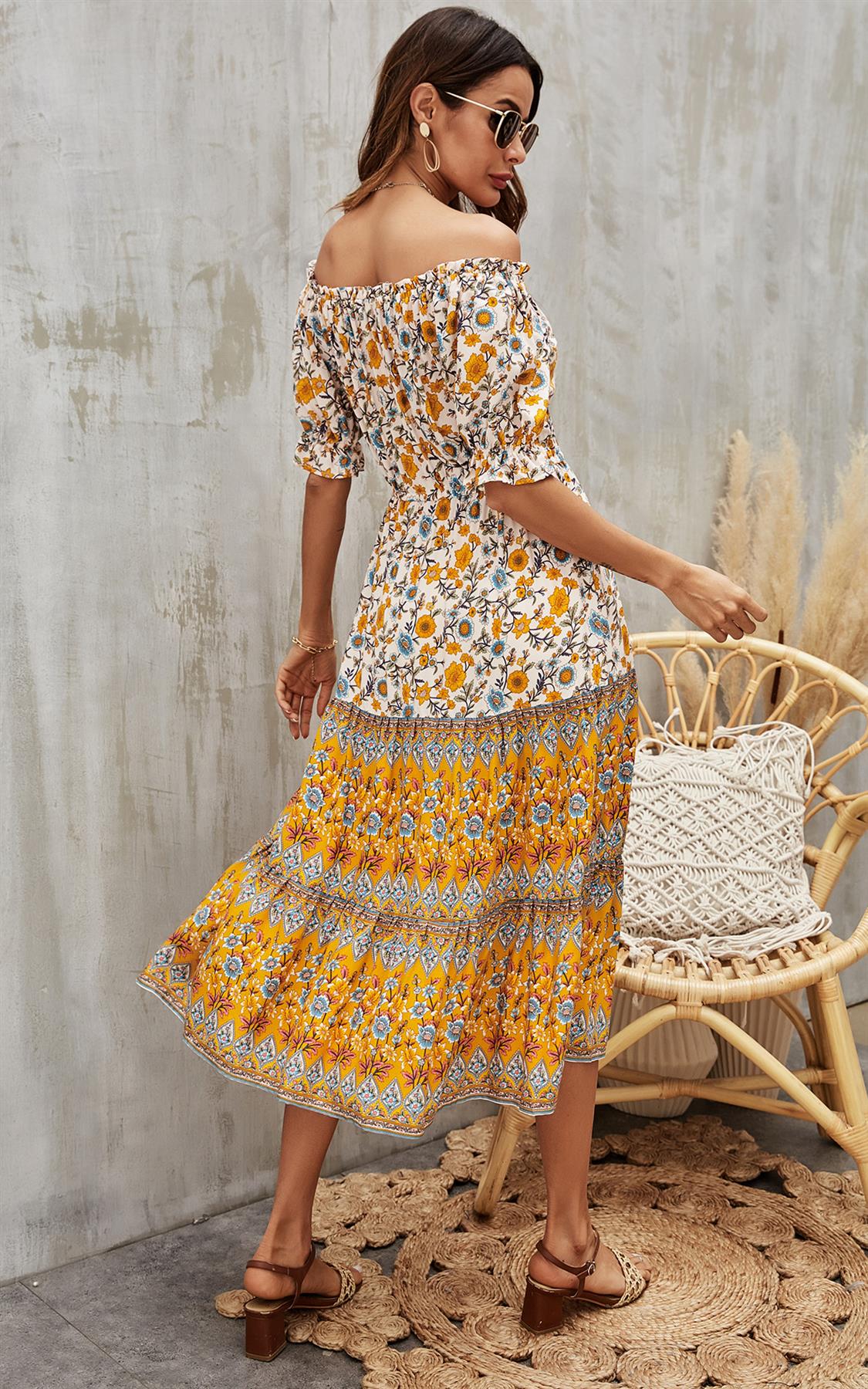 Boho Floral Print Bardot dress In Yellow
