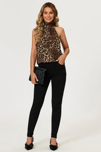Leopard Print Foil Halter Neck Tie Back Top In Brown