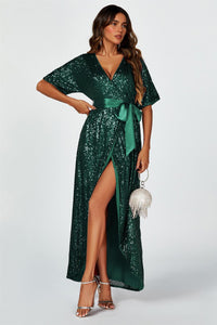 Wrap Style Sequin Maxi Dress In Green