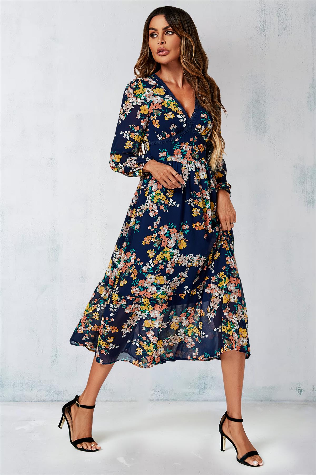 Floral Print Long Sleeve Maxi Dress In Navy