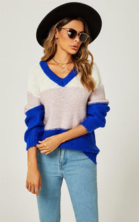 Stripe Block Colour Relaxed Knit Jumper Top In Blue & White