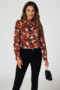 Floral Print Long Sleeve High Neck Top In Rust