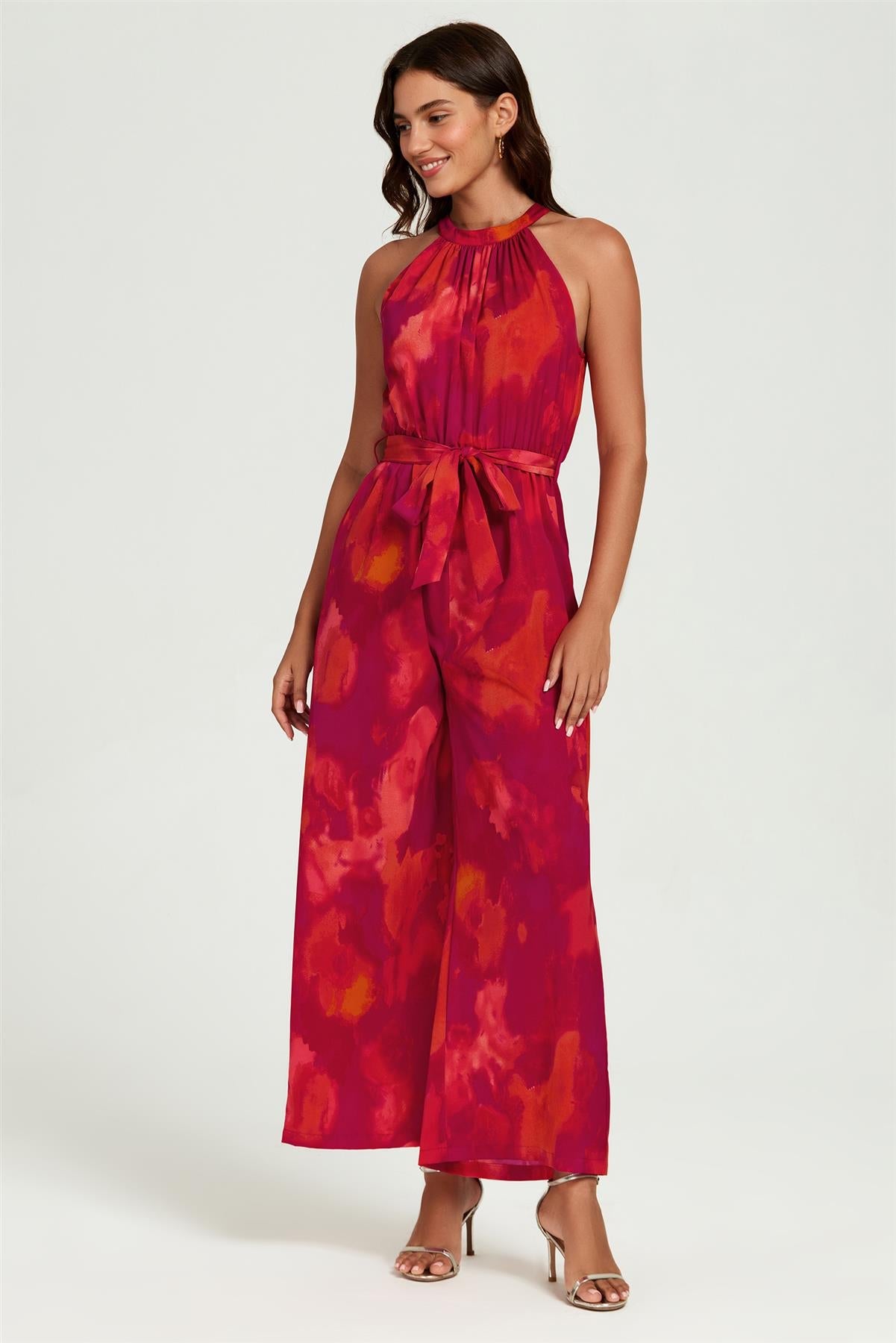 Abstract Print Halter Neck Jumpsuit In Red