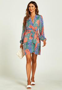 Leopard Print Wrap Mini Dress In Blue