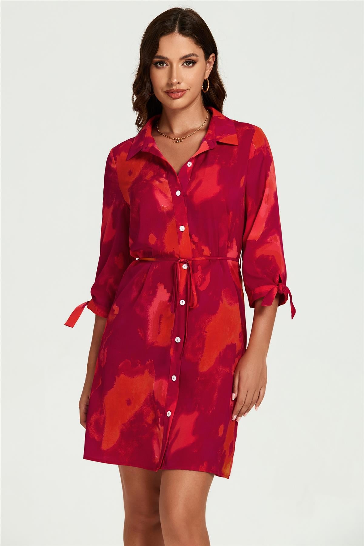 Abstract Print Shirt Mini Dress In Red