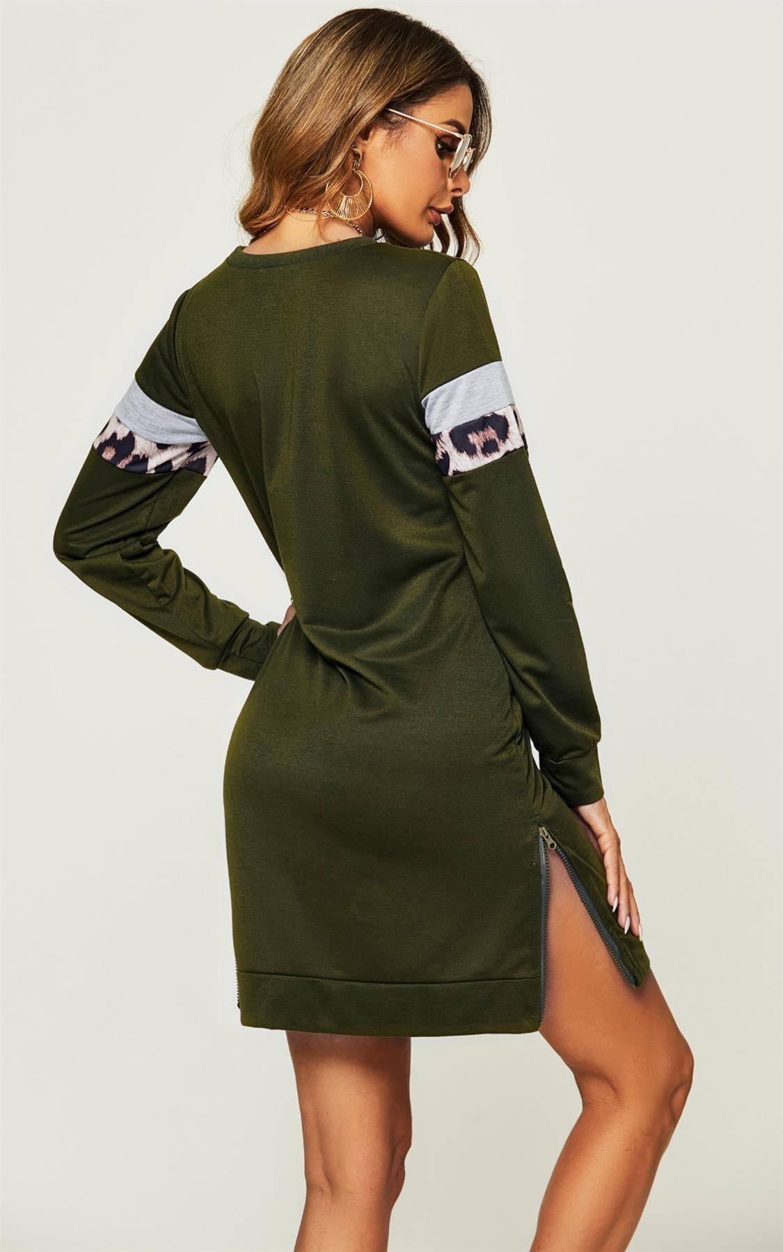 Relaxed Tunic Sweatshirt Mini Dress With White Animal Stripe In Olive Green
