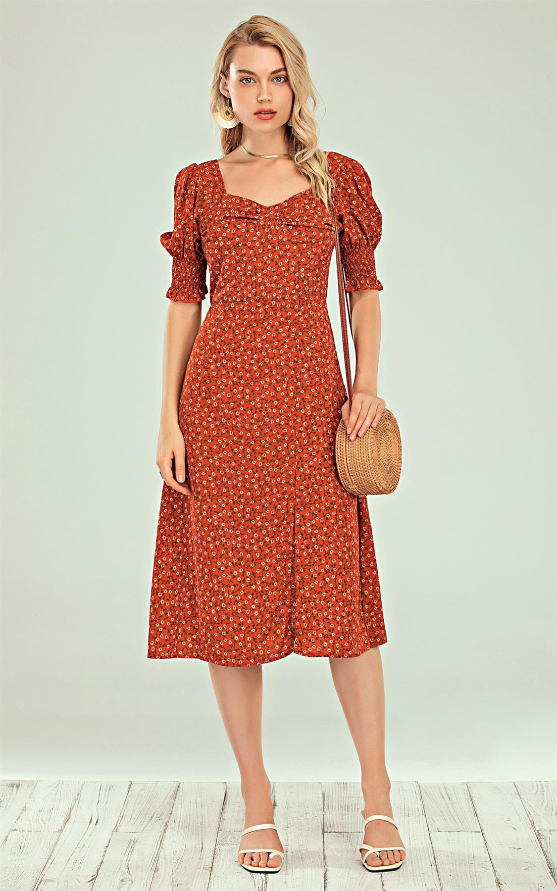 Short Sleeve Split Leg Midi Dress In Red Ditsy Floral Print