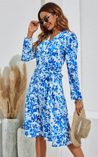 Blue Flora Print Wrap Long Sleeve Dress In White