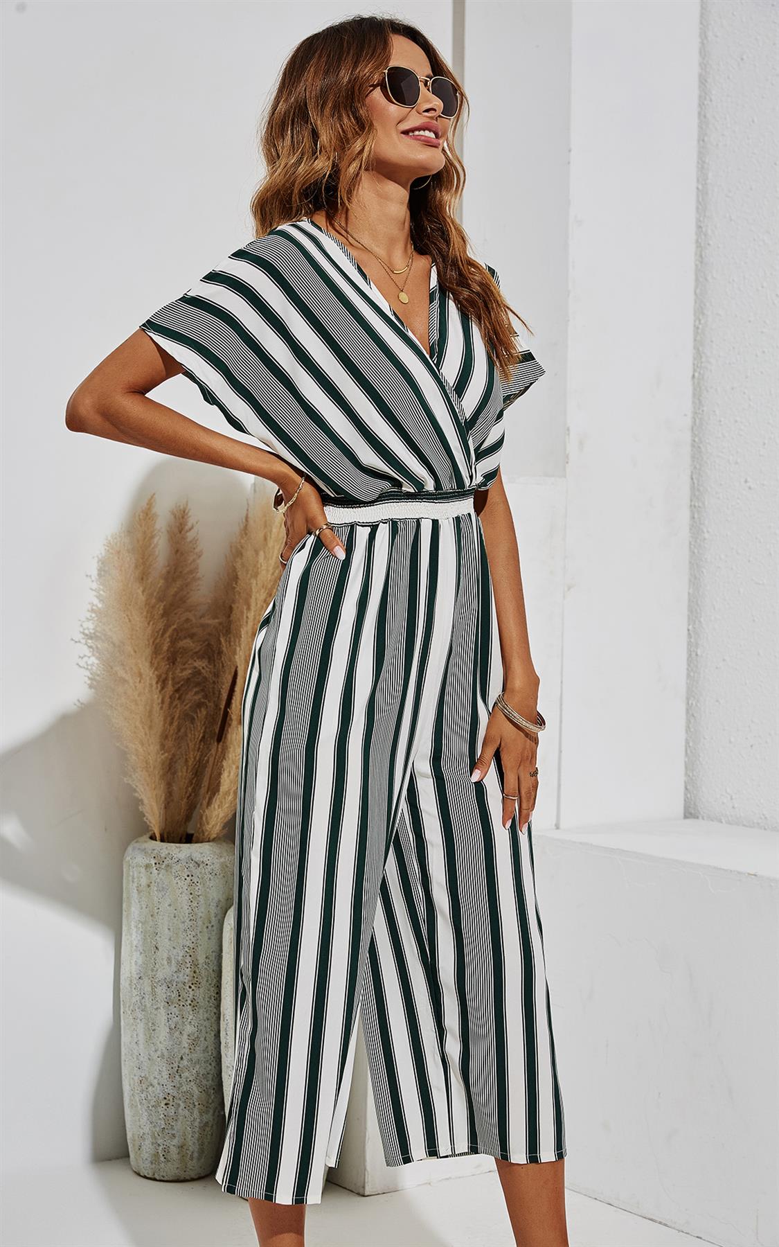 Kimono Sleeve White Stripe Jumpsuit In Dark Green
