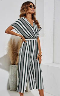Kimono Sleeve White Stripe Jumpsuit In Dark Green