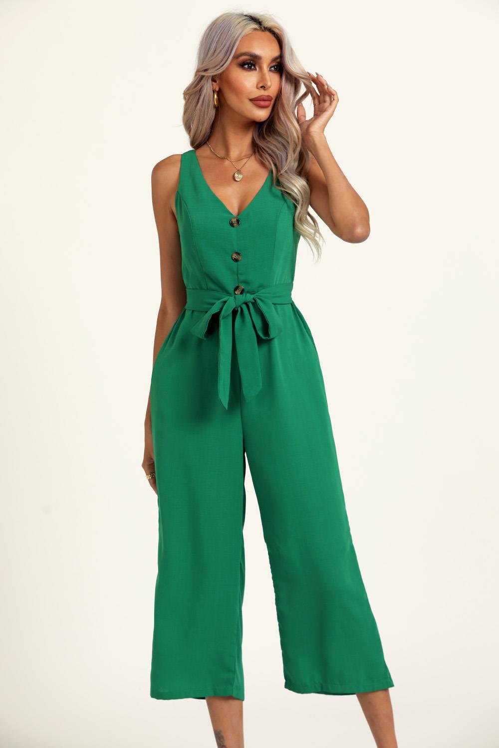 V Neck Cut Detail Jumpsuit In Green