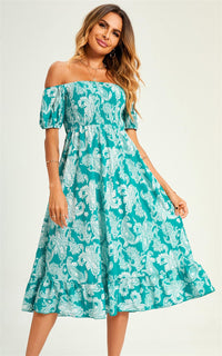 Bardot Puff Sleeve Elasticated Detail Midi Dress In Turquoise Green