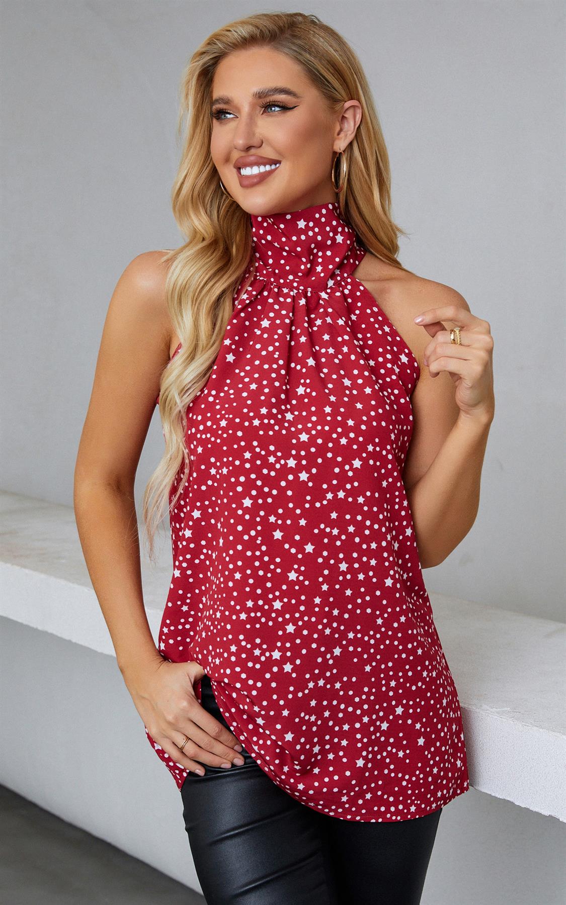 White Star Print Halter Neck Tie Back Top In Red