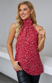 White Star Print Halter Neck Tie Back Top In Red
