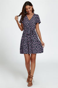 Floral Print Hem Tiered Wrap Mini Dress In Navy