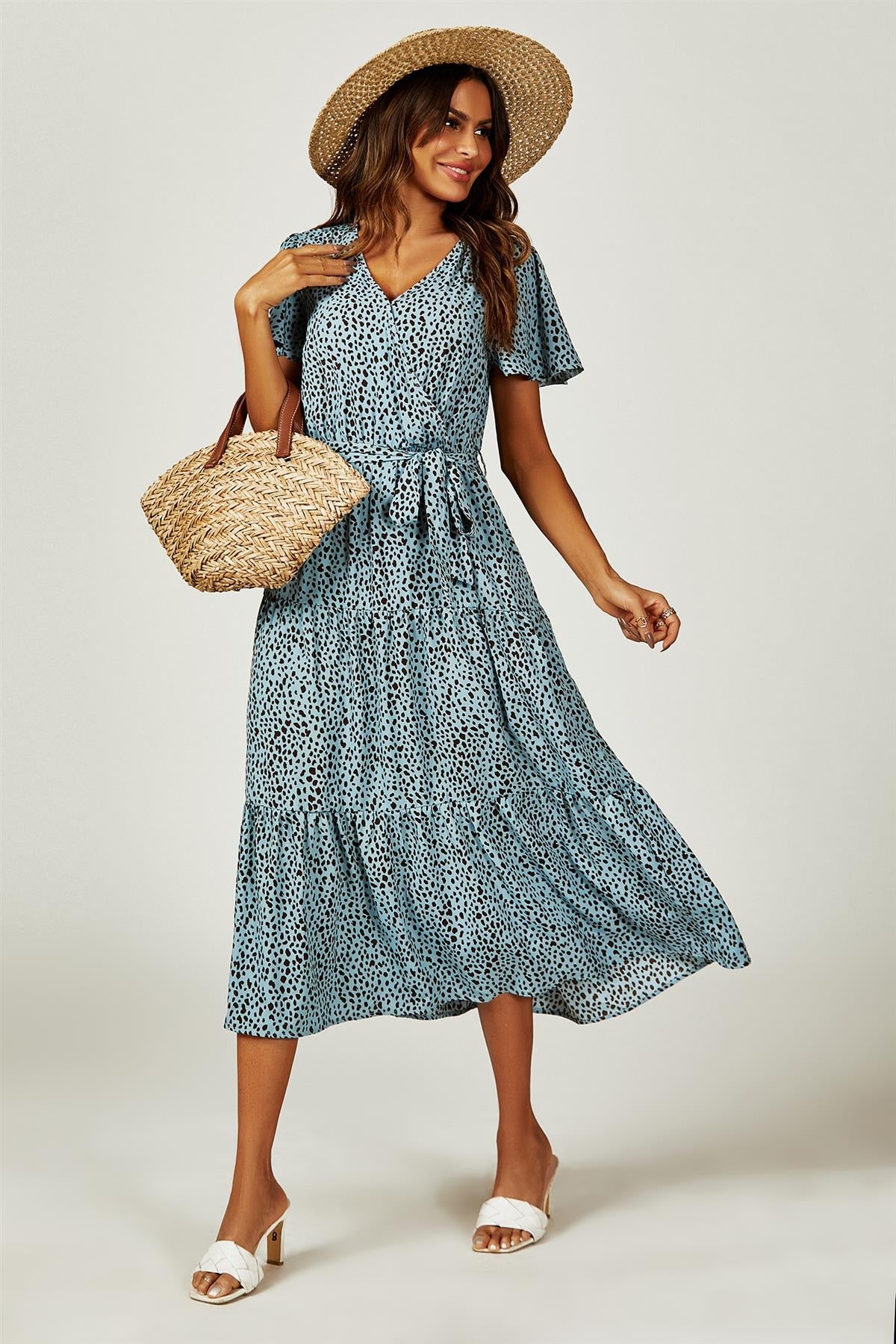 Leopard Print Hem Tiered Wrap Midi Dress In Blue
