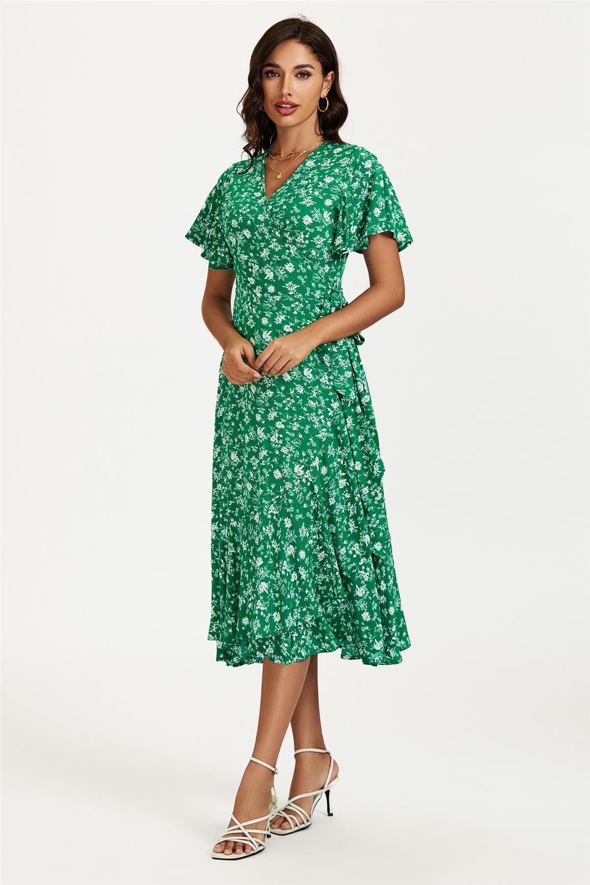 Floral Print Midi Wrap Dress In Green
