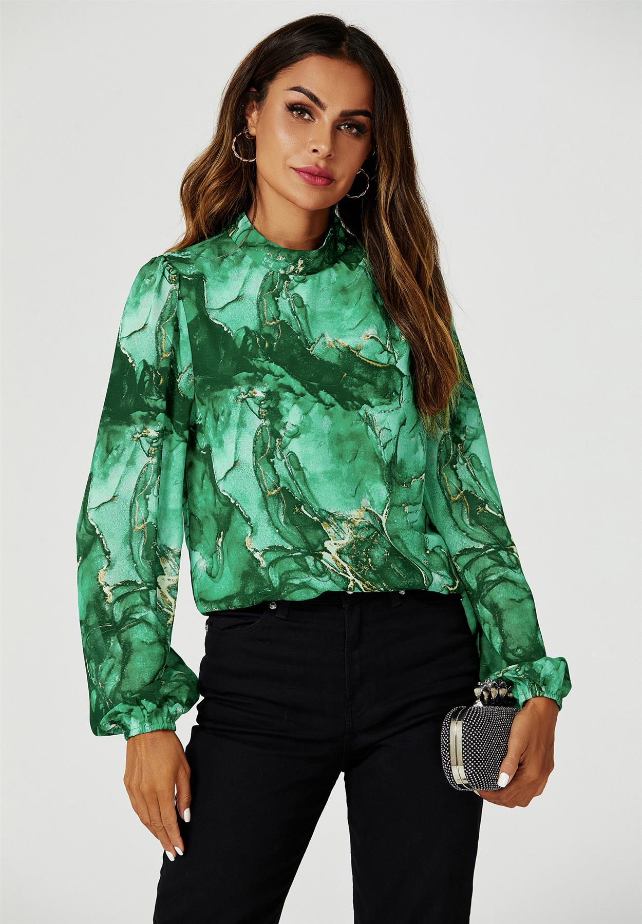Marble Print Long Sleeve High Neck Top In Light Green