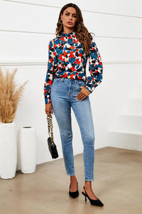 Floral Print Long Sleeve High Neck Top In Blue