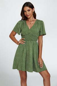Dot Print Short Sleeve Mini Dress In Green