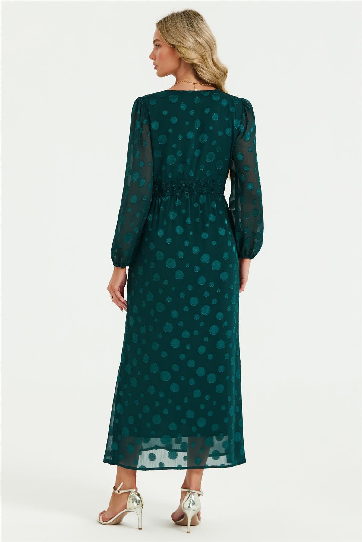 Long Sleeve Dot Jacquard Lace Trim Maxi Dress In Green