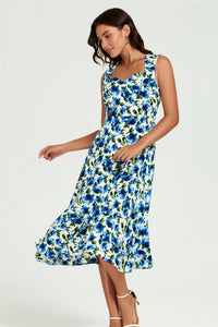 Blue Floral Print Heart Neck Midi Dress