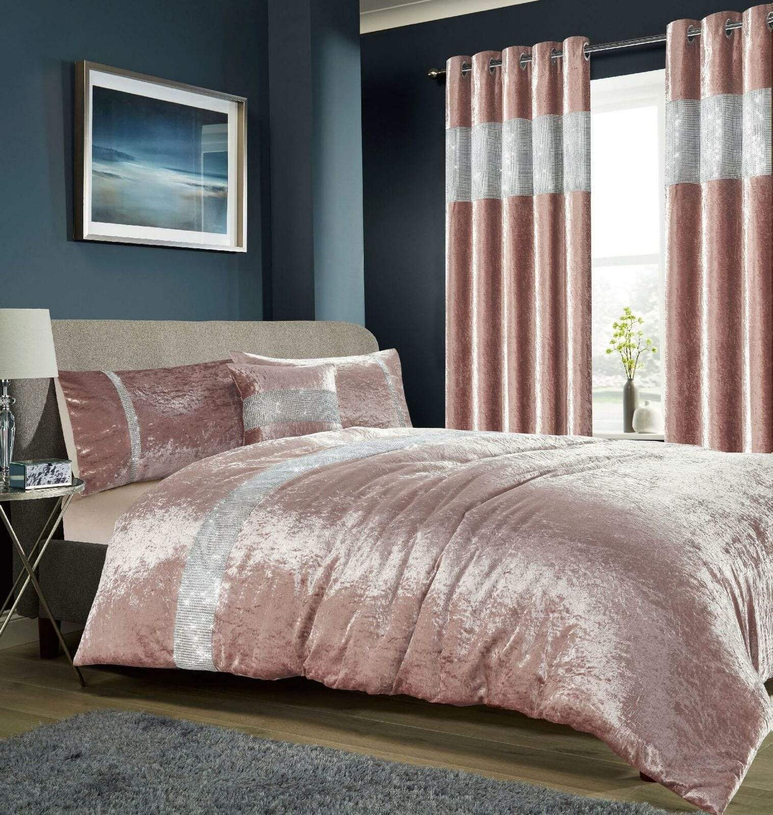 Diamante Crushed Velvet Duvet Set Breathable Luxurious OEKO-TEX Certified Bedding in Double King Super King Sizes Available in Silver Champagne Blush Pink by OLIVIA ROCCO
