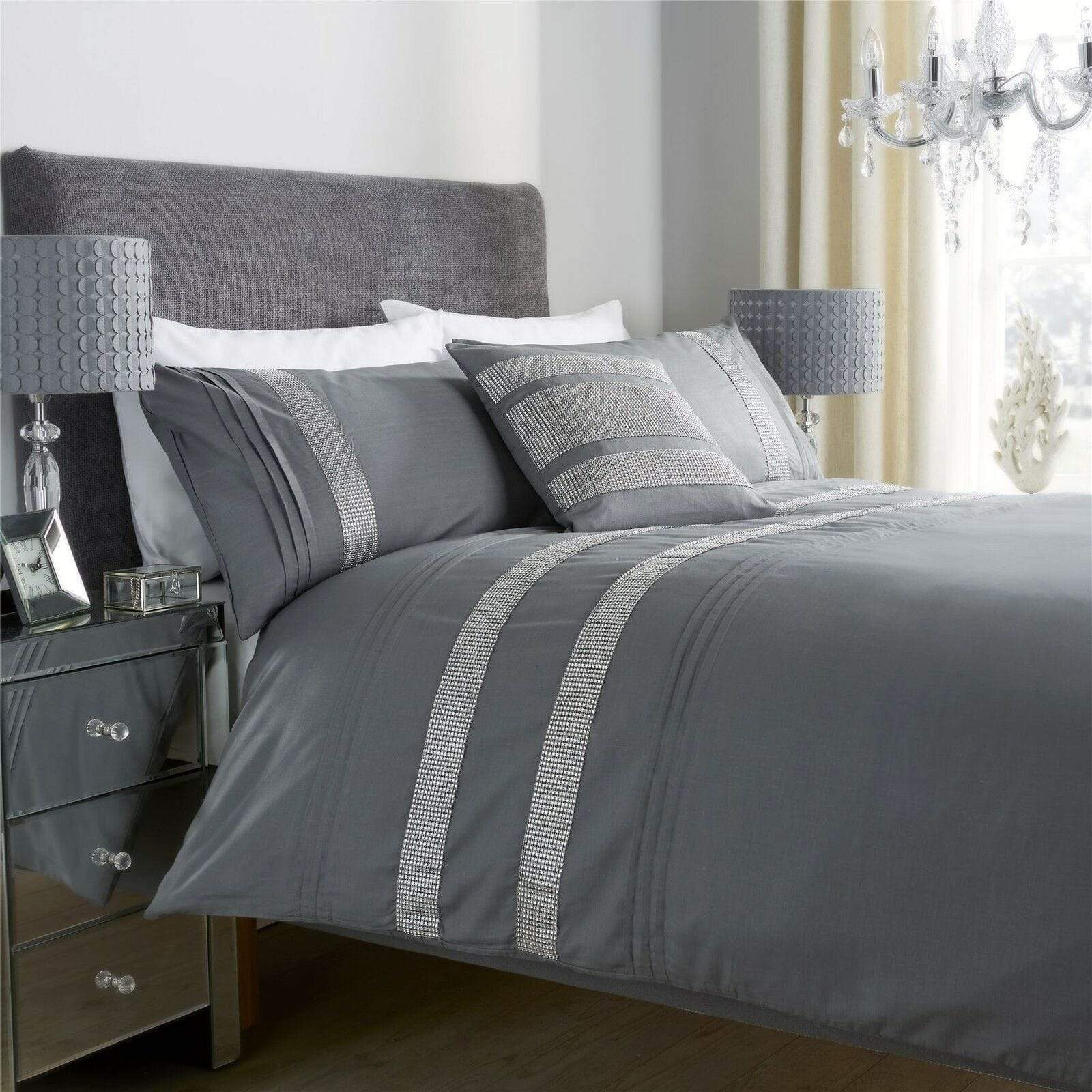 Diamante Glitz Luxurious Cotton Rich Duvet Set with Handwoven Sparkling Crystal Detailing for Elegant Bedroom Decor in All Sizes by OLIVIA ROCCO