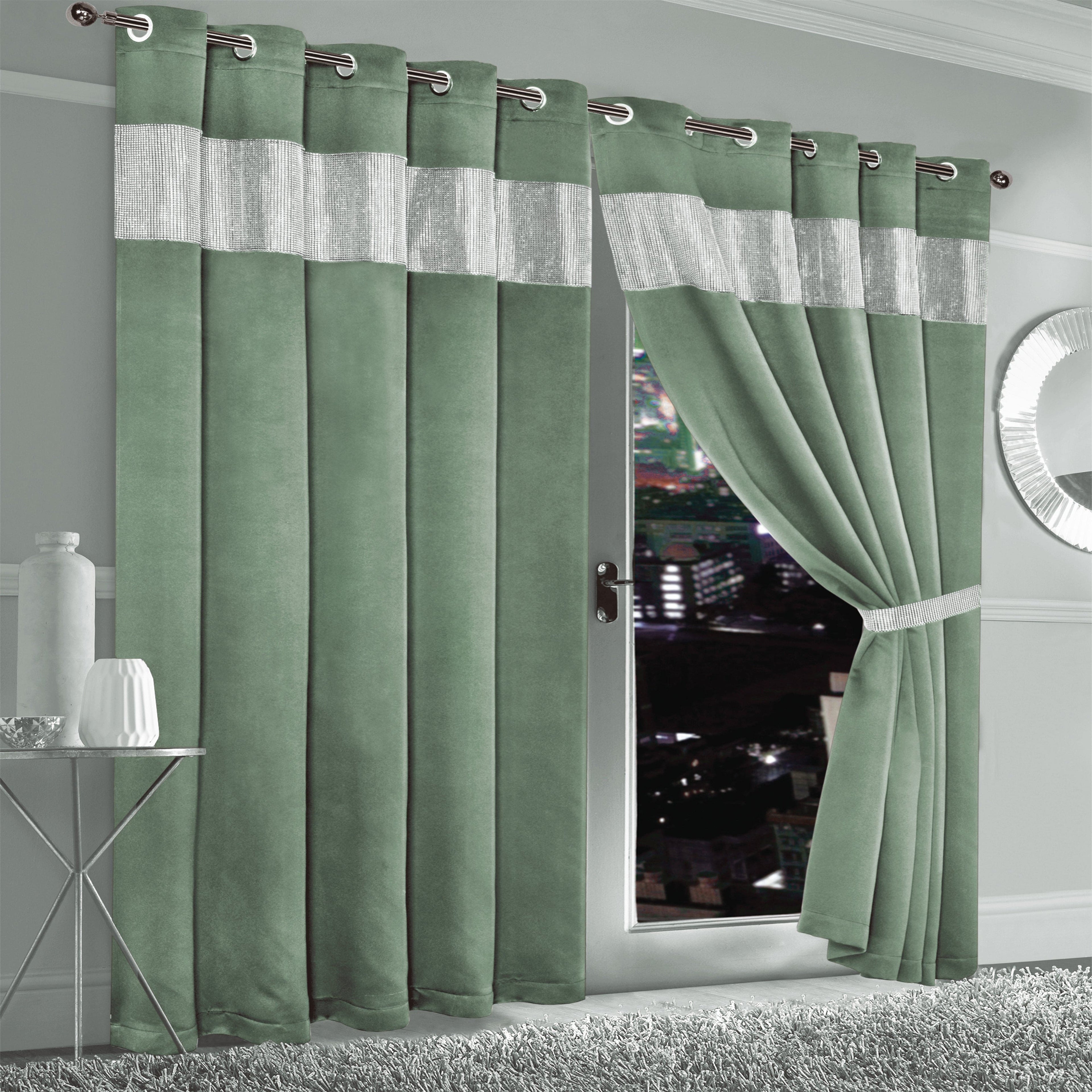 Diamante Sage Green Blackout Eyelet Curtains with Tie Backs Blackout Thermal Ring Top Window Dressings by OLIVIA ROCCO