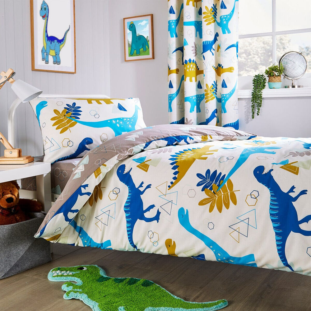 Dinosaur Kids Bedding Set Soft Cotton Blend Duvet Cover with Pillowcases & Optional Curtains for Boys and Girls Single and Double Sizes by OLIVIA ROCCO